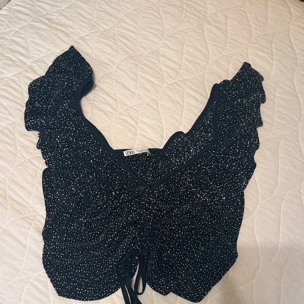 Zara Black and White Speckled Ruffle Blouse